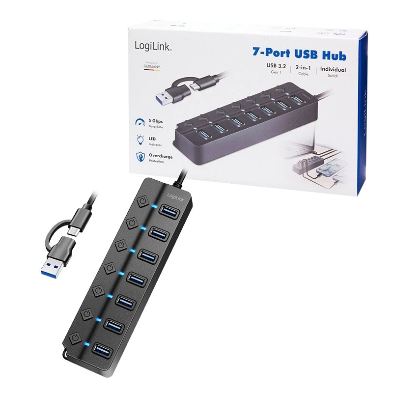 USB 3.2 Gen 1 Hub, 7 Port mit Ein-/Ausschalter, schwarz
