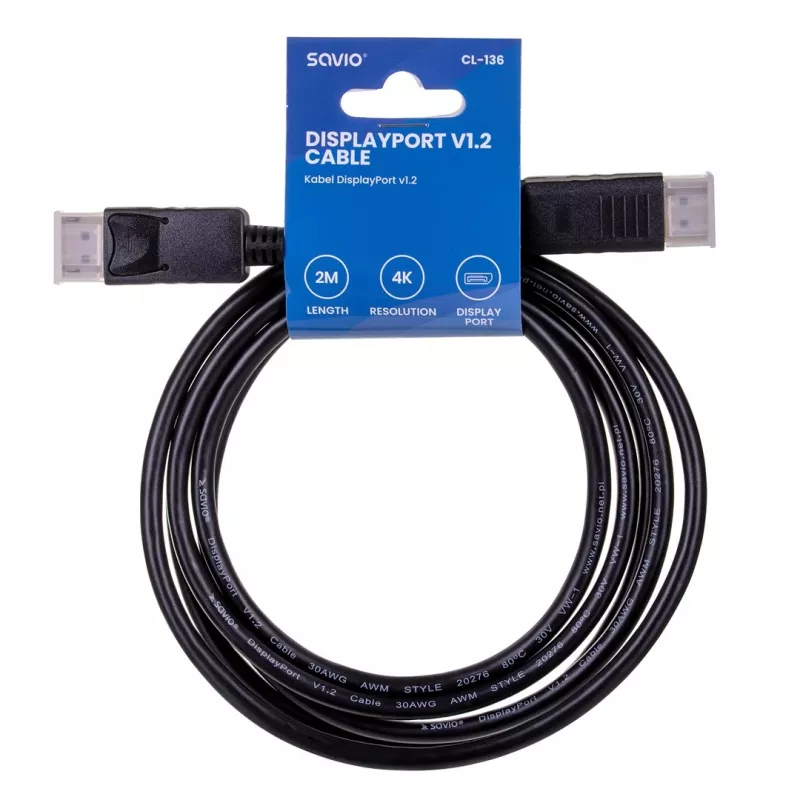 DisplayPort-Kabel SAVIO CL-136, DisplayPort Stecker–Stecker, 2 m, DP 1.2, vergoldete Kontakte, schwarz
