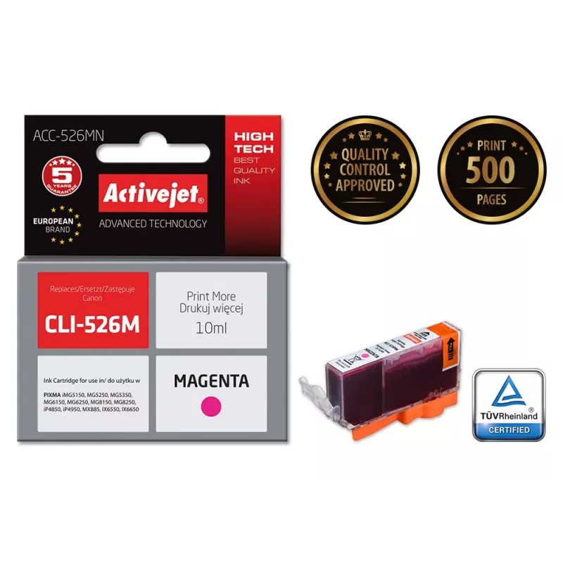 Tintenpatrone ActiveJet ACC-526MN kompatibel für Canon, Magenta, farbstoffbasierte Tinte, 10 ml, hohe (XL) Reichweite, Einzelpackung