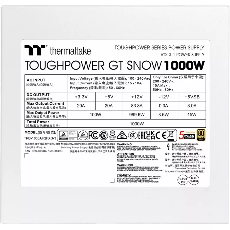 Power supply PSU THERMALTAKE Toughpower GT Snow 1000W ATX 24-pin, 80 PLUS Gold, weiß, 120mm Lüfter