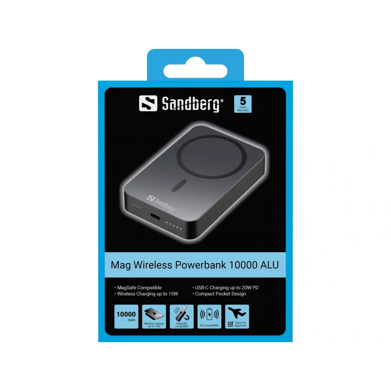 Tragbares Ladegerät Sandberg Mag Wireless Powerbank 10000 ALU, 10000 mAh