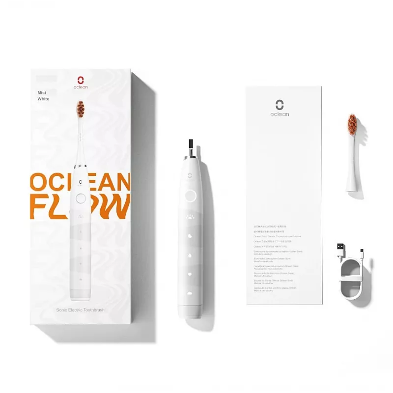 Schallzahnbürste OCLEAN FLOW Erwachsene — batteriebetrieben, Aufhellungsmodus, integrierter Timer, einstellbare Geschwindigkeit, 255 mm Höhe, weiß, 0,13 kg, 1 Handstück + 1 Bürstenkopf