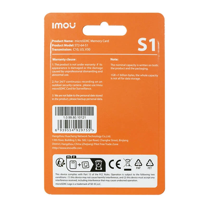 MicroSD-Speicherkarte IMOU ST2-64-S1 64 GB, Class 10, Lesen 95 MB/s, Schreiben 35 MB/s, U3 V30