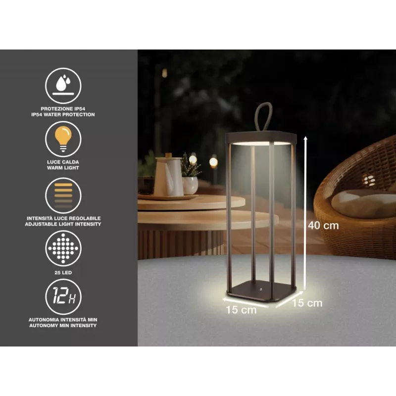 Wiederaufladbare Laterne Beper P207ILI102 in Corten-Optik, tragbare batteriebetriebene Lampe