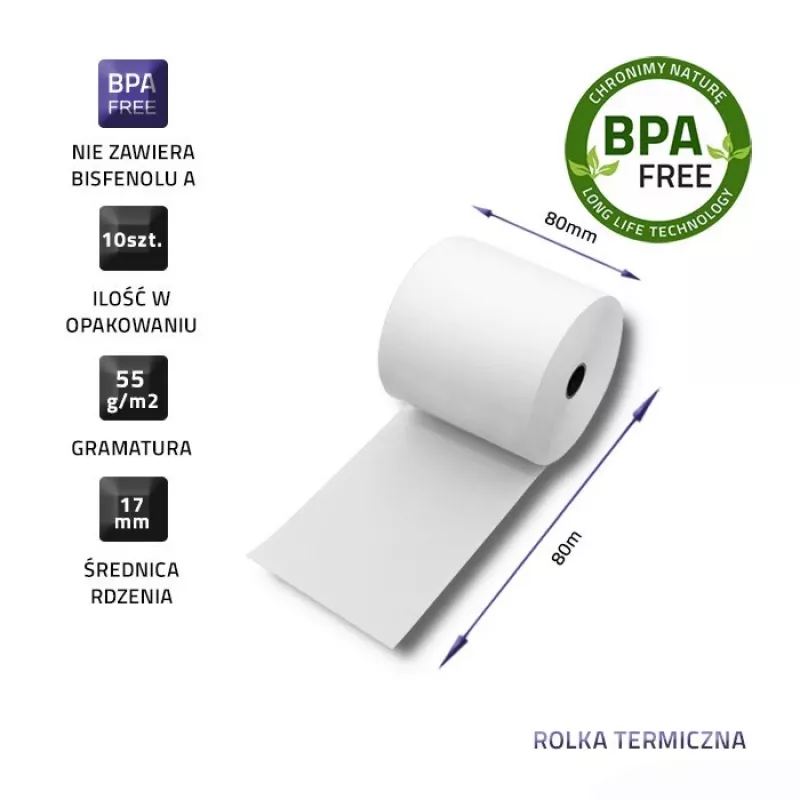Qoltec 51892 Thermorolle 80 x 80 | 55 g/m² | 10 Stück | BPA-frei