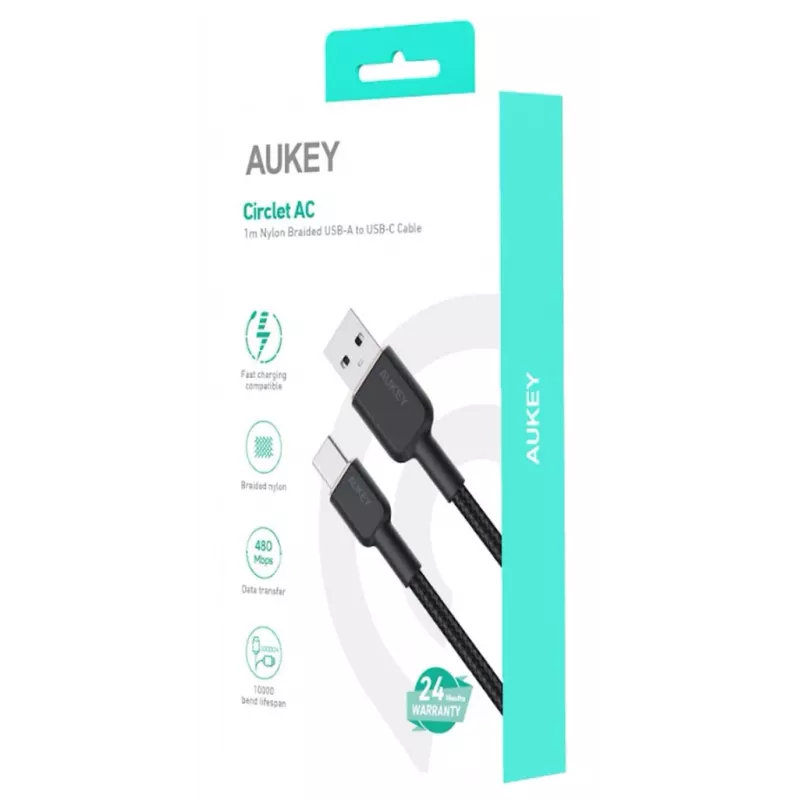 USB-A-auf-USB-C-Kabel Aukey CB-NAC1, 1 m, geflochtenes Nylon, USB PD 60 W, USB 2.0