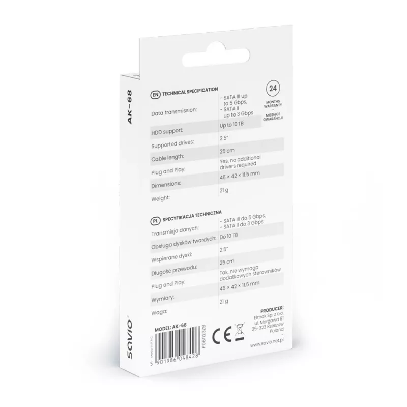SAVIO SATA auf USB 3.1 Gen 1 Schnittstellenkabel AK-68, SATA-Buchse auf USB-A-Stecker, 5 Gbit/s, 0,25 m, schwarz