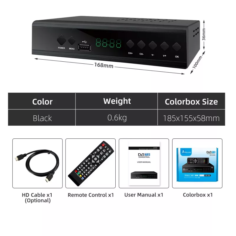 Extralink Home Tuner DVB-T2 Digital-TV-Decoder H.265 HEVC FULL HD USB HDMI + Fernbedienung