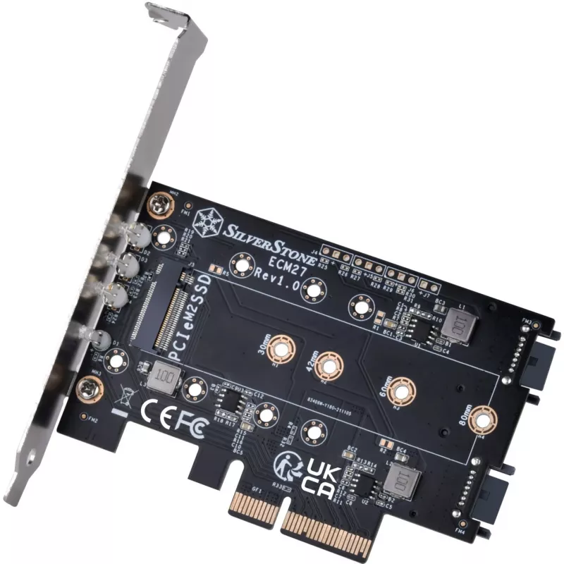 Silverstone SST-ECM27 M.2/SATA Adapterkarte, PCIe 4.0, 1x M-Key, 2x SATA 6G - Low Profile