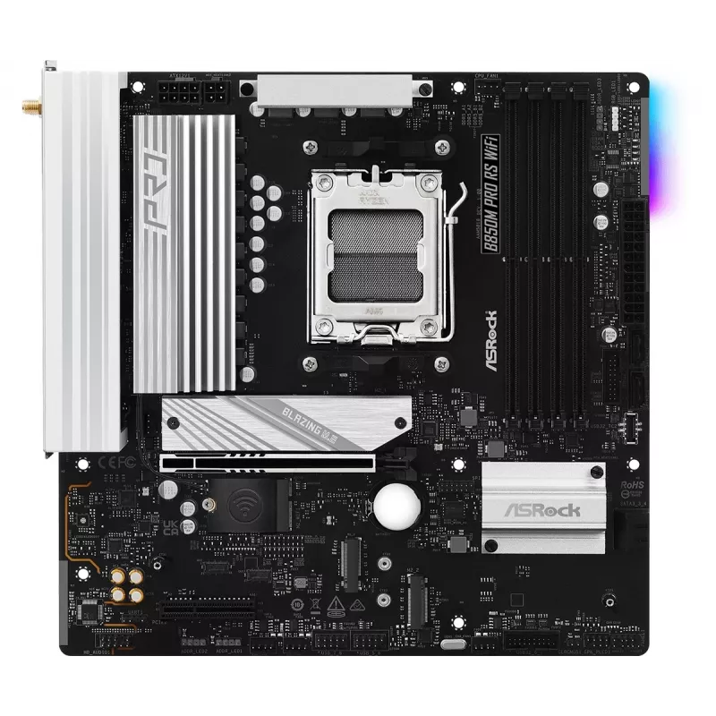 ASRock B850M Pro RS WiFi Mainboard — AMD B850, Socket AM5, microATX, DDR5, 4 DIMM, 256GB, Wi‑Fi 6E, 2.5Gb LAN, 3x M.2