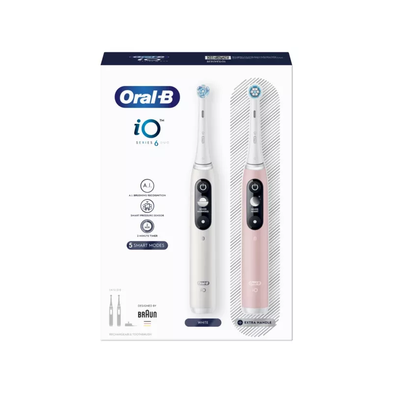 Braun Oral-B iO Series 6 Duo Elektrische Zahnbürste 2er-Pack Weiß/Rosa