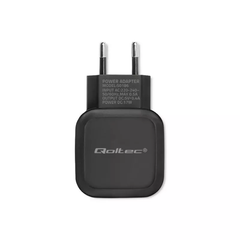 AC Indoor Charger QOLTEC 50186 for Smartphone and Tablet, 5 V 3.4 A, 17 W, 2× USB, Schwarz