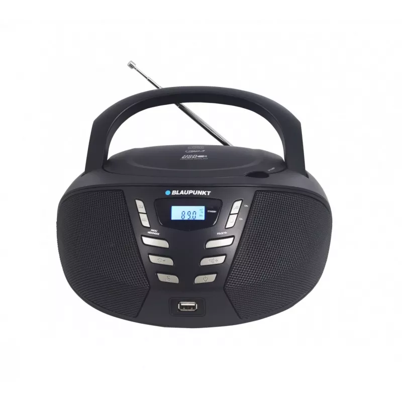 Tragbarer CD-Player Blaupunkt BB7BK — MP3, FM-Radio, USB, AUX, batteriebetrieben, 2 eingebaute Lautsprecher, 240×230×128 mm
