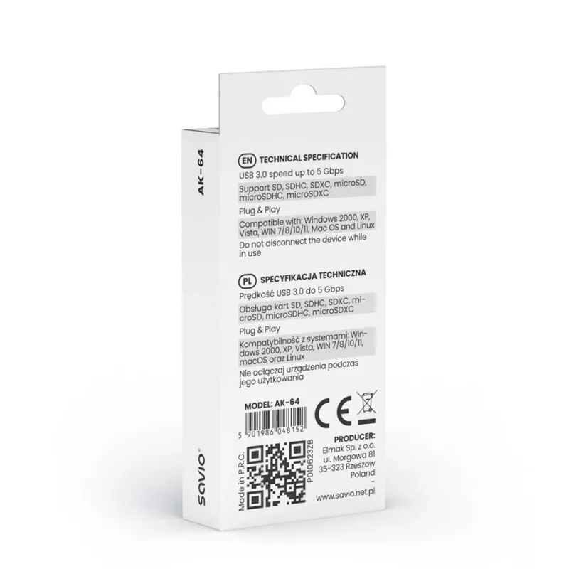 Kartenleser SAVIO AK-64 USB 3.2 Gen 1 Typ-A-Ausgang, MicroSD-Steckplatz, 5000 Mbit/s, schwarz