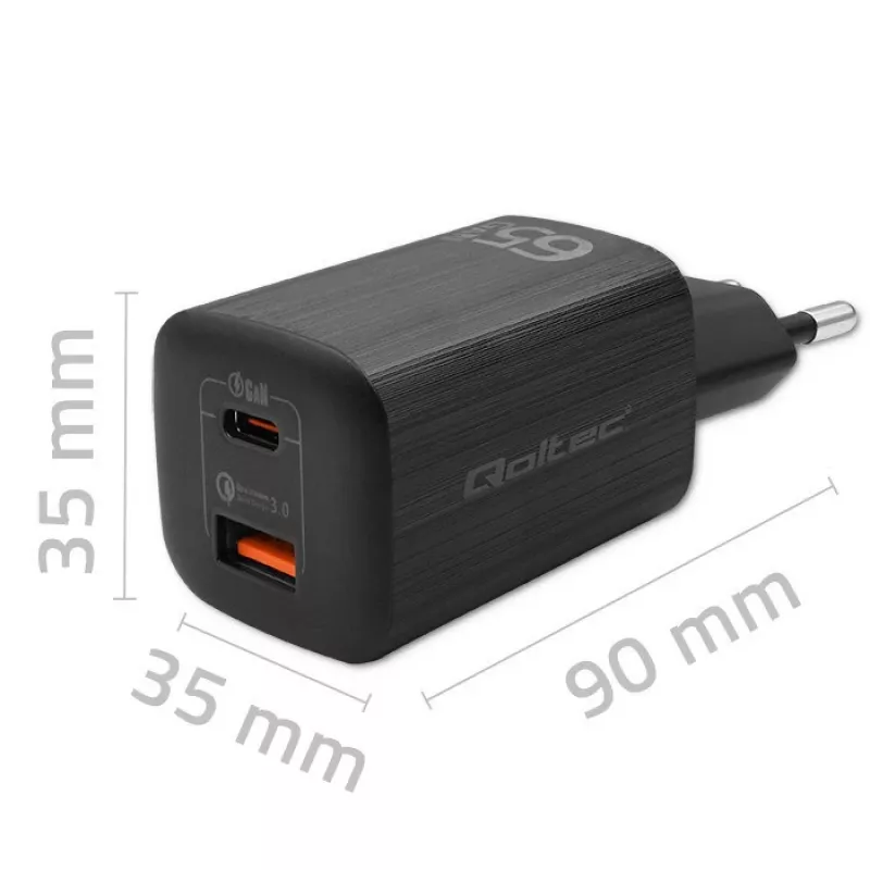 Qoltec 50766 Ladegerät für mobile Geräte Laptop, tragbare Spielkonsole, Powerbank, Smartphone, Smartwatch, Tablet Schwarz AC Schnellladen Innenbereich