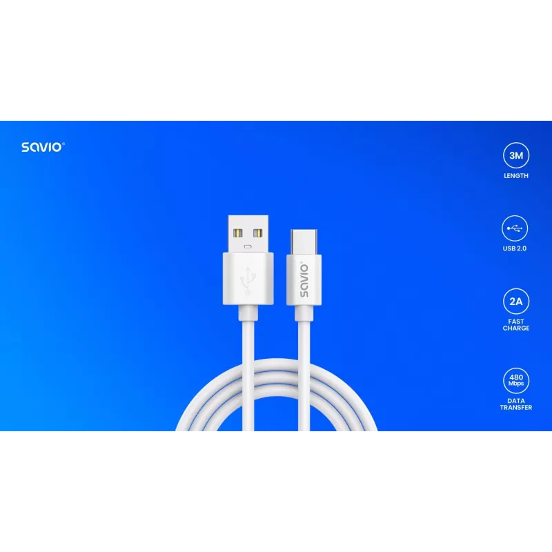 USB 2.0-Kabel SAVIO CL-168, USB A (Stecker) auf USB C (Stecker), 3 m, weiß