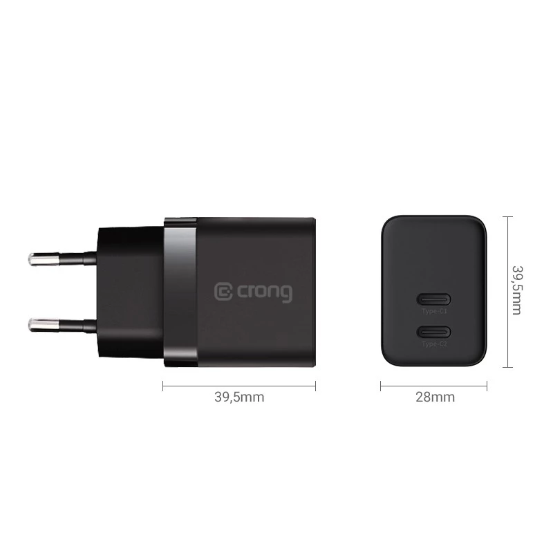 Crong Wandladegerät Ultra Compact GaN 35W PD 3.0 2x USB-C (schwarz)