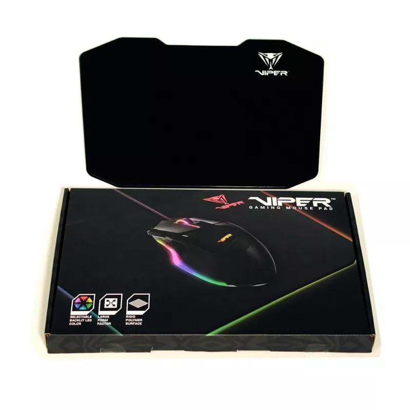 Mauspad PATRIOT Viper Gaming Schwarz — Polymer/Gummi, LED-Hintergrundbeleuchtung, USB-betrieben, rutschfest, 353,5×242,7 mm, 5,5 mm Dicke