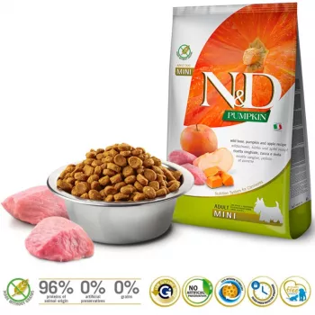 Trockenfutter für Hunde Farmina N&D Pumpkin Adult Mini Boar & Apple – 7 kg, getreidefrei, 30 % Protein, 18 % Fett, für kleine ausgewachsene Hunde