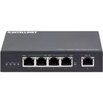 Intellinet 4-Port Gigabit Ultra PoE Extender, Erhöht die PoE-Reichweite um bis zu 100 m, 90 W PoE-Budget, Vier PSE-Ports mit bis zu 30 W Ausgangsleistung, IEEE 802.3bt/at/af-konform, Metallgehäuse