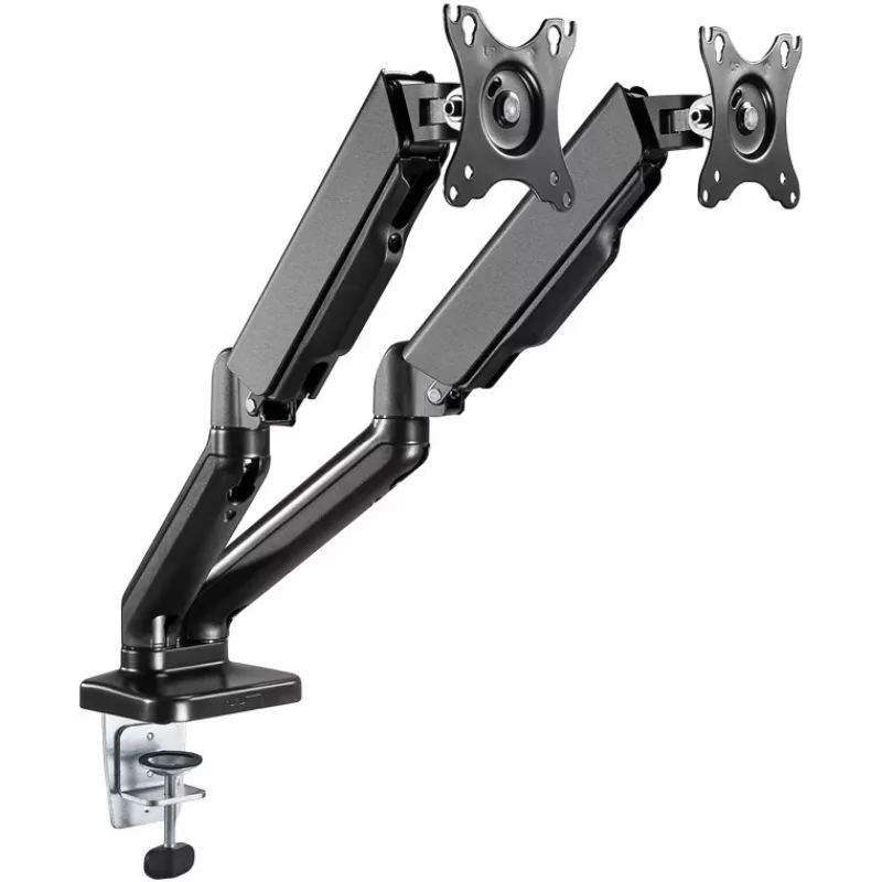 Goobay Tischhalterung | Doppelmonitorhalterung mit Gasdruckfeder | Schwenkbar, neigbar, drehbar | 17-32 Zoll | Maximale Tragfähigkeit 9 kg | Schwarz