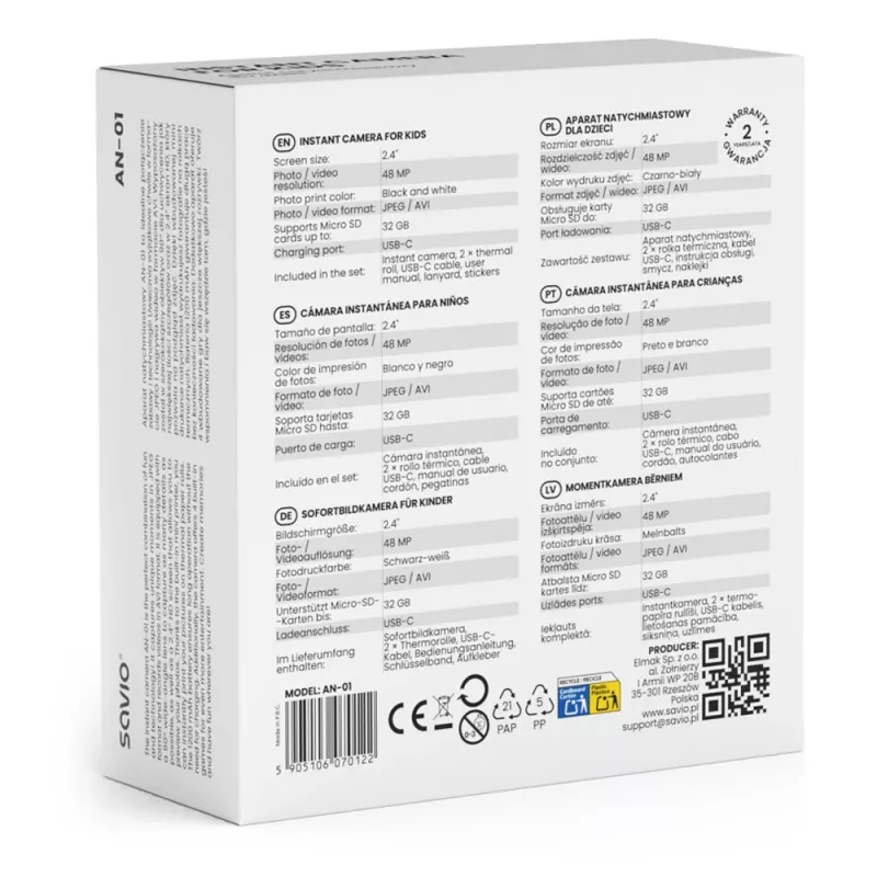Sofortbildkamera SAVIO AN-01 für Kinder, weiß, 6,1 cm (2,4″) LCD, MicroSDHC bis zu 32 GB, USB-C, 1200 mAh Akku, kein eingebauter Blitz