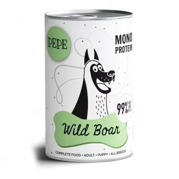 Hundefeuchtfutter PAKA ZWIERZAKA Pepe Wildschwein 400 g — ausgewachsen, Wildschweingeschmack, 8,2 % Protein, 6,2 % Fett, Dose