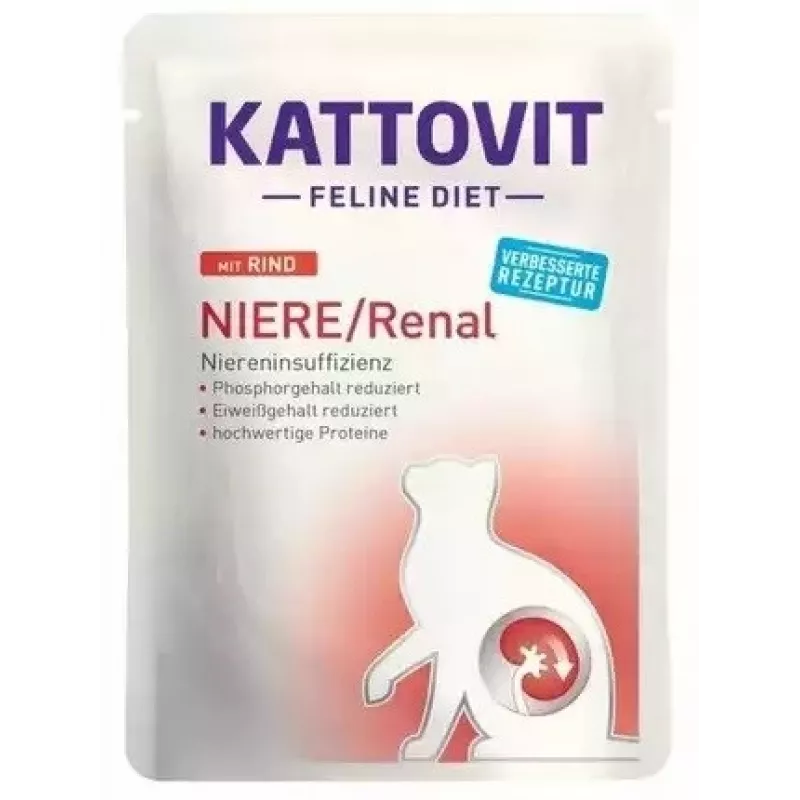 Nassfutter für Katzen KATTOVIT Niere/Renal 85 g Beutel – 12 x 85 g, Geflügel (Rind, Huhn, Ente, Pute) für ausgewachsene Katzen mit Niereninsuffizienz