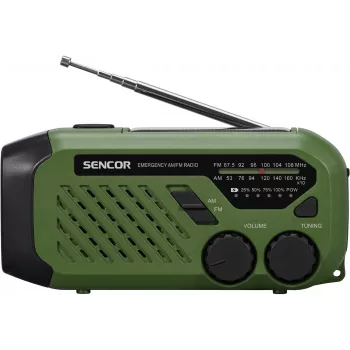 Tragbares UKW/MW-Radio SENCOR SRD1000SCLGR mit Bluetooth, Solar-/Kurbel-/USB-C-Ladung, 2000-mAh-Akku, IPX4, LED-Leuchten