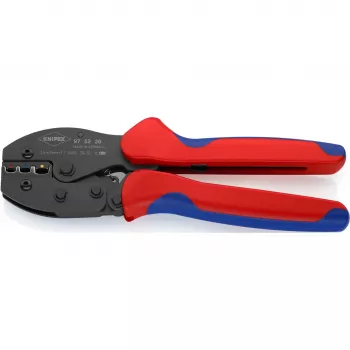 Crimpwerkzeug Knipex PreciForce Modell 975236 SB — isolierte Griffe in Schwarz, Blau und Rot