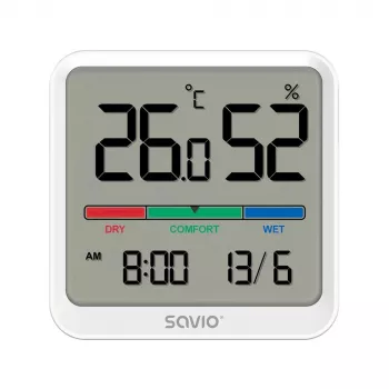Innenraum-Temperatur- und Feuchtigkeitssensor SAVIO CT-01/W, LCD-Anzeige, -10–55 °C, 10–99 % rF, Batterie CR2032