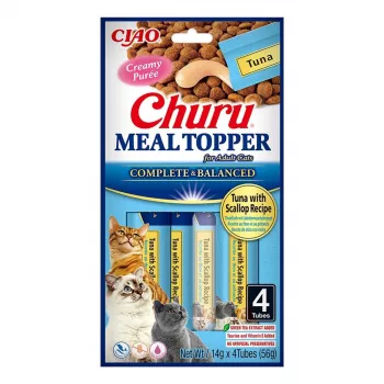 INABA Churu Meal Topper Thunfisch mit Jakobsmuschel – Nassfutterbeutel für Katzen, 4 x 14 g