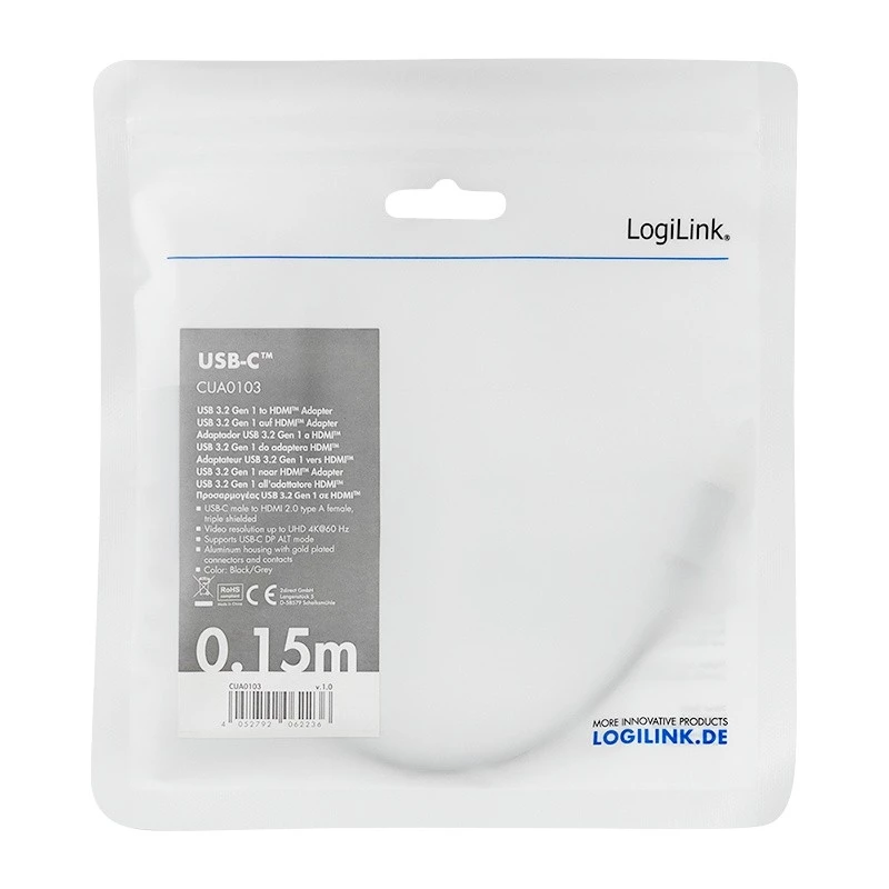 LogiLink CUA0103 USB 3.2 Gen1 Type-C-auf-HDMI-A-Kabel 0,15 m Schwarz Grau