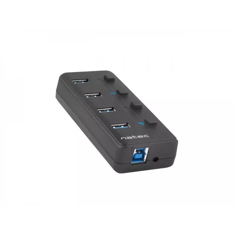 USB-Hub NATEC MANTIS USB 2.0 Type-B — 4x USB 3.2 Gen 1 Type-A Anschlüsse, schwarz, 0,8 m Kabel, Netzteil, Netzschalter