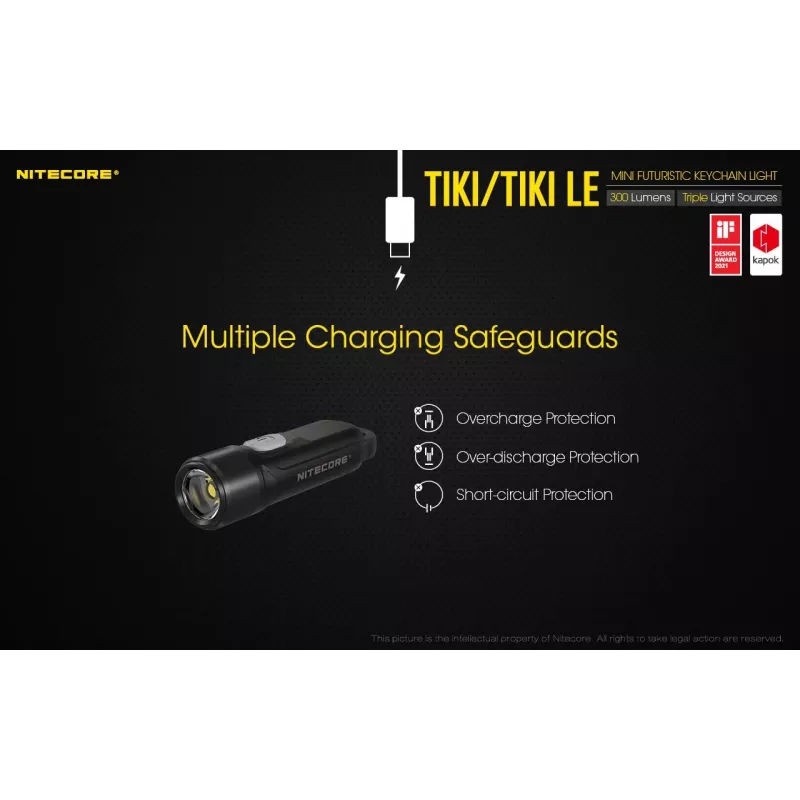 Handtaschenlampe Nitecore TIKI LE — 300 lm, USB-wiederaufladbar, Polycarbonat, IP66, stoßfest, 10,5 g, 55 mm, Schwarz