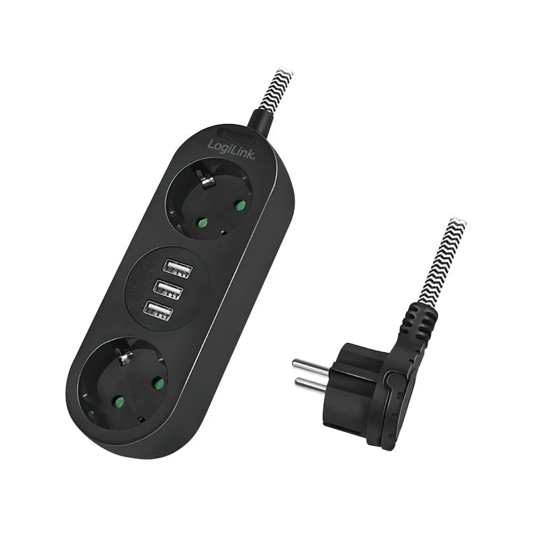 Stromverlängerungskabel LogiLink LPS262U 1,5 m 2 AC-Steckdosen Innenbereich Schwarz