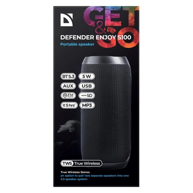 Tragbarer Bluetooth-Lautsprecher DEFENDER ENJOY S100 — 10W, Bluetooth 5.3, 5h Akku, LED-Beleuchtung, eingebautes Mikrofon
