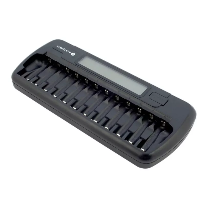Batterieladegerät everActive NC-1200 – universelles 12-fach-Ladegerät für AA/AAA, 12 V Eingang, schwarz