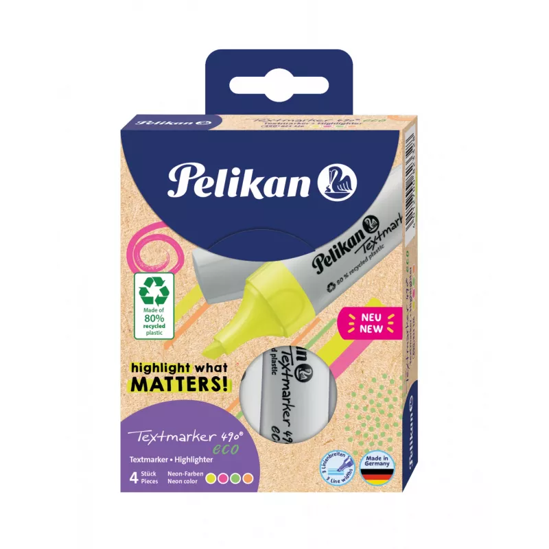 Marker Pelikan Textmarker 490 eco 4 Stück Keilspitze Grün Orange Pink Gelb