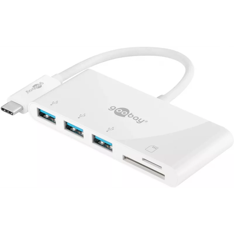 Goobay USB-C™ Multiport-Adapter Kartenleser, Weiß, 0,15 m - erweitert ein USB-C™-Gerät um drei USB 3.0 Anschlüsse und einen Kartenschacht für SD/MMC- und Micro SD-Karten (62097)