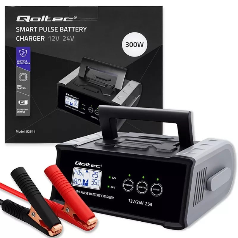 Batterieladegerät QOLTEC 52514 — 12V/24V, 25A, für AGM/GEL/SLA-Batterien mit LCD-Anzeige