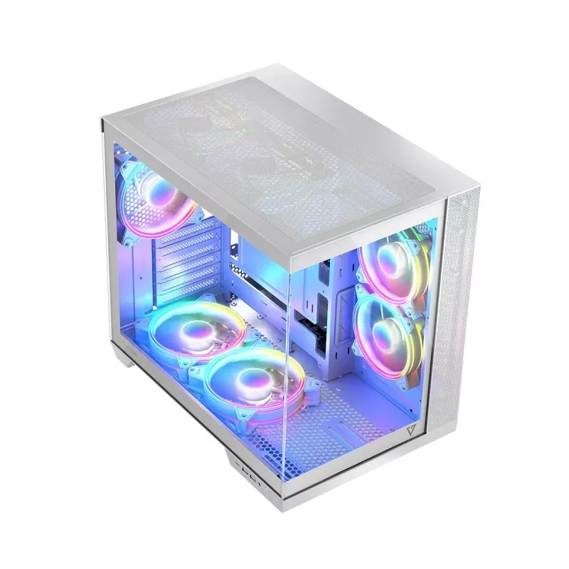 PC-Gehäuse MODECOM Volcano Panorama Midi Tower weiß — micro ATX, gehärtetes Glas, ARGB, USB-C, unterstützt GPU 400 mm