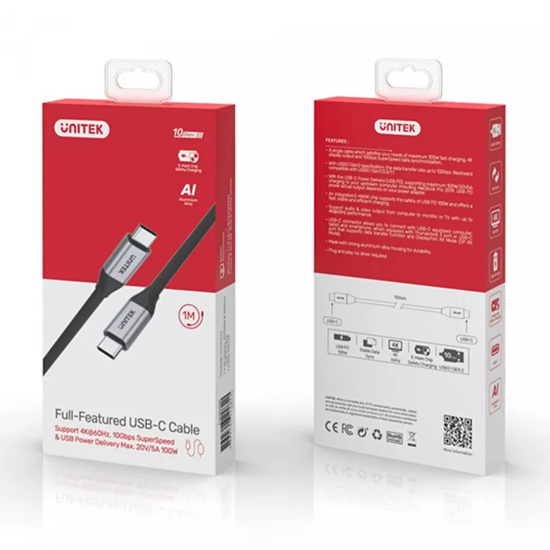 USB-C-zu-USB-C-Daten- und Ladekabel Unitek C14082ABK 1 m, USB 3.2 Gen 2 (10 Gbit/s), 100 W PD, Schwarz