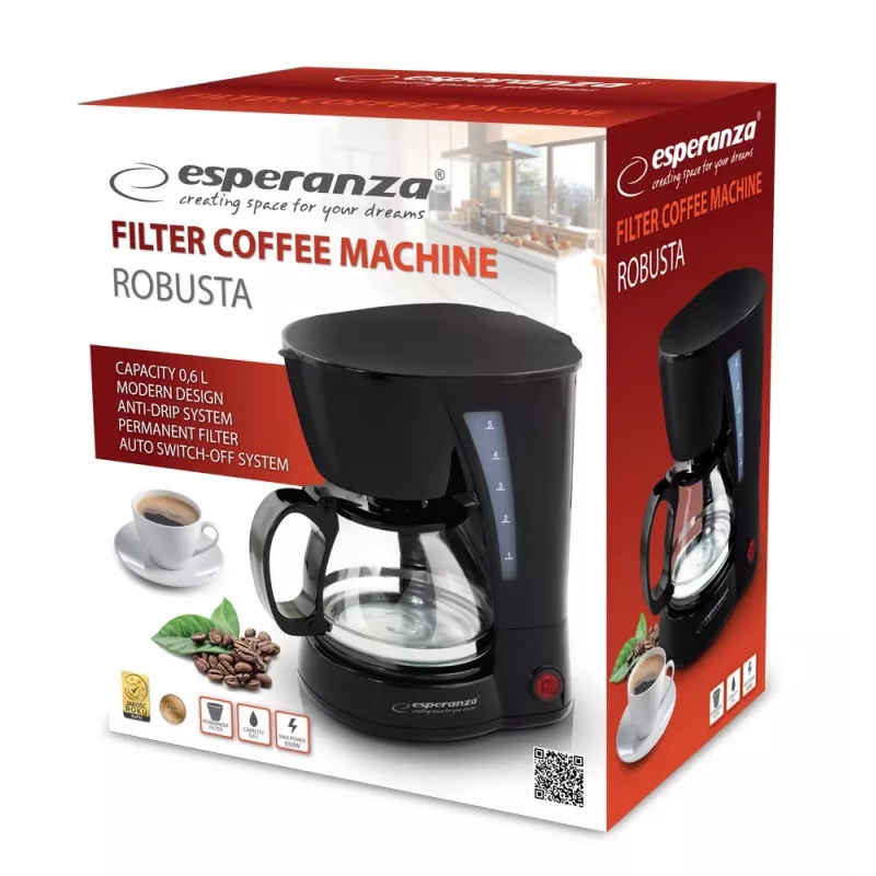 Filterkaffeemaschine ESPERANZA EKC006, 0,6 l Wassertank, 650 W, schwarz, für die Arbeitsplatte