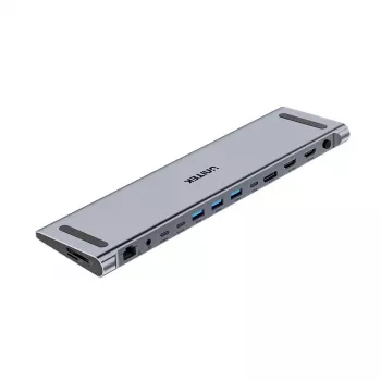 KVM-Switch Unitek D1106AGY01 USB-C Triple 4K Dockingstation mit KVM, 3x USB-A, 5x USB-C, HDMI×2, DP×1, RJ-45, SD-Leser, 3840×2160@60Hz, Aluminium