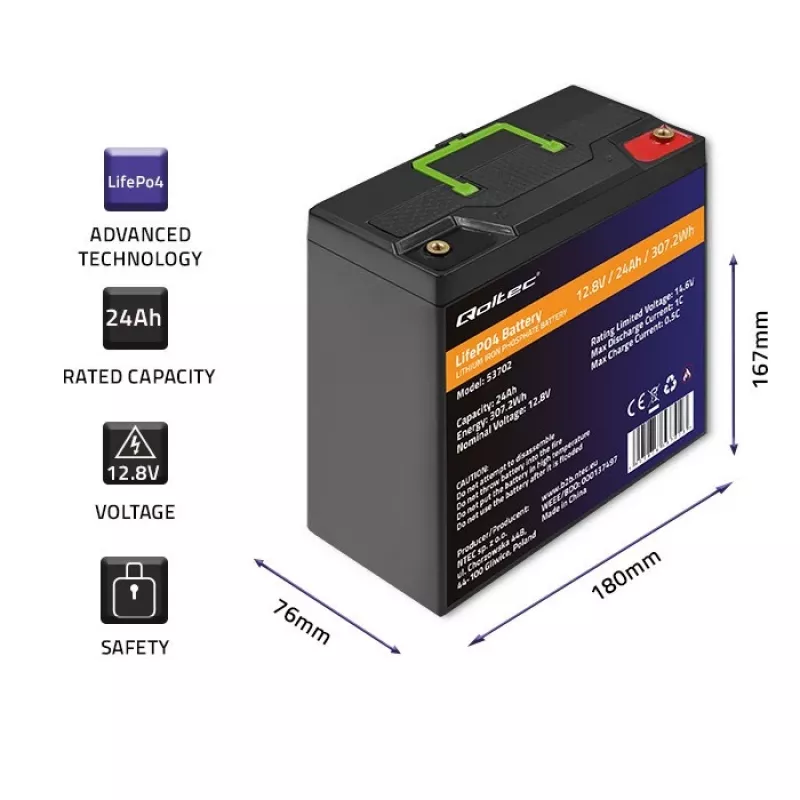 Qoltec 53702 LiFePO4 Lithium-Eisenphosphat-Akku | 12,8V | 24Ah | 307,2Wh | BMS