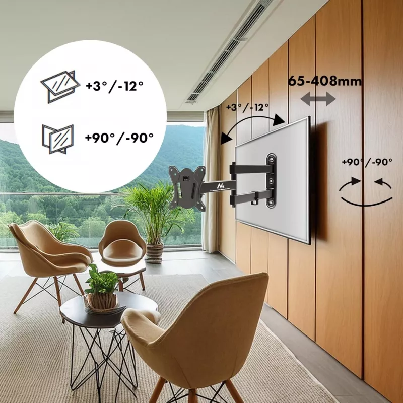 Maclean MC-417 Vollbeweglicher TV-Monitor-Wandhalter 13-32 30kg max. VESA 100x100 Schwarz pulverbeschichtet Universalhalterung verstellbarer Wandabstand schwenkbar neigbar