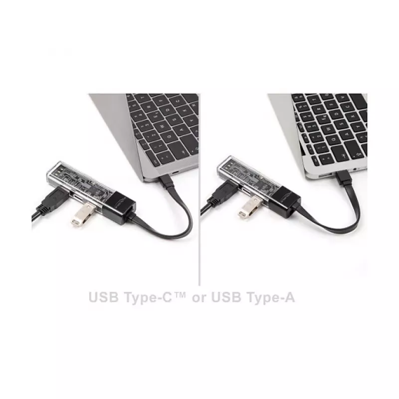 DELOCK USB 3.2 Gen 1 (3.1 Gen 1) 4-Port Hub mit Typ-A + Typ-C Host (5000 Mbit/s) Schwarz/Transparent