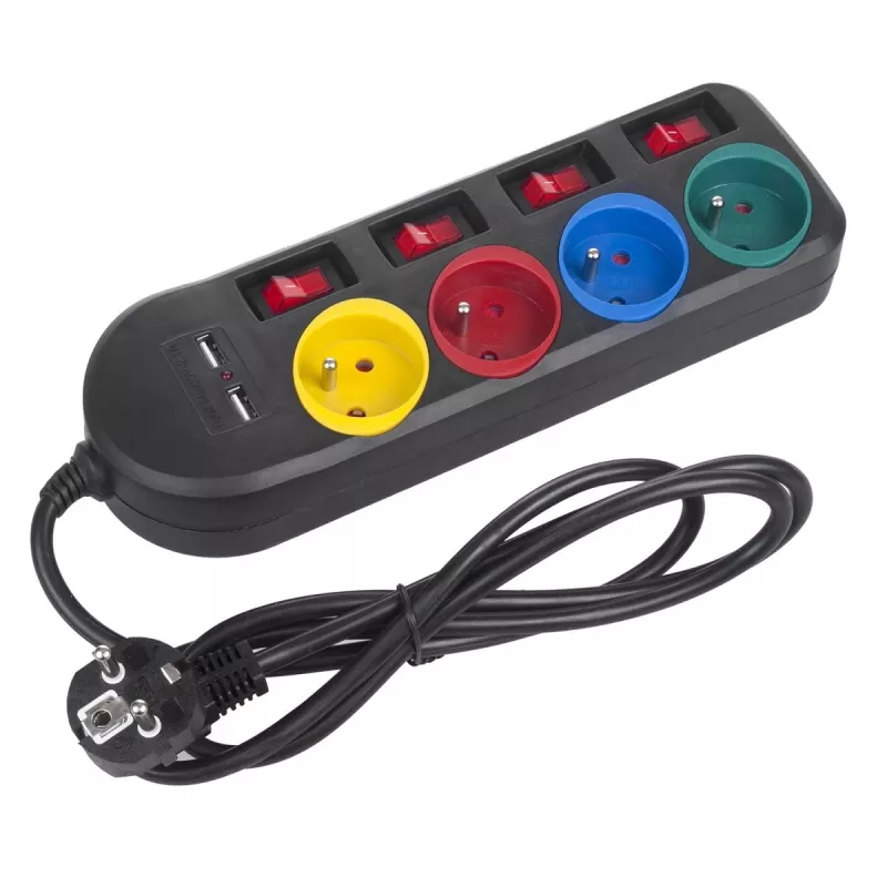 Mehrfachsteckdose MACLEAN MCE229B — 4 AC-Steckdosen, 2× USB-A, 1,5 m Kabel, 10 A, Typ F, Innenbereich, schwarz