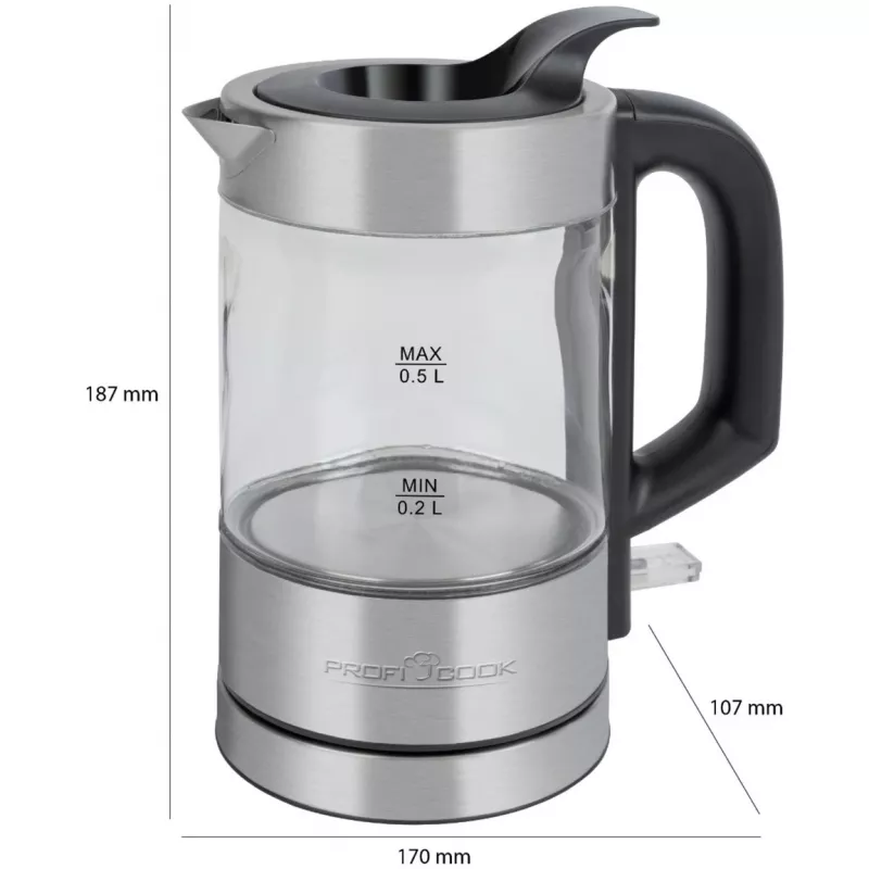 ProfiCook PC-WKS 1228 G Wasserkocher 0,5 L 1100 W Edelstahl, Transparent